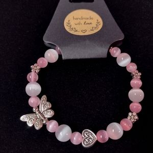 Pink and White Cats eye bracelet, Hearts, butterfly and flower